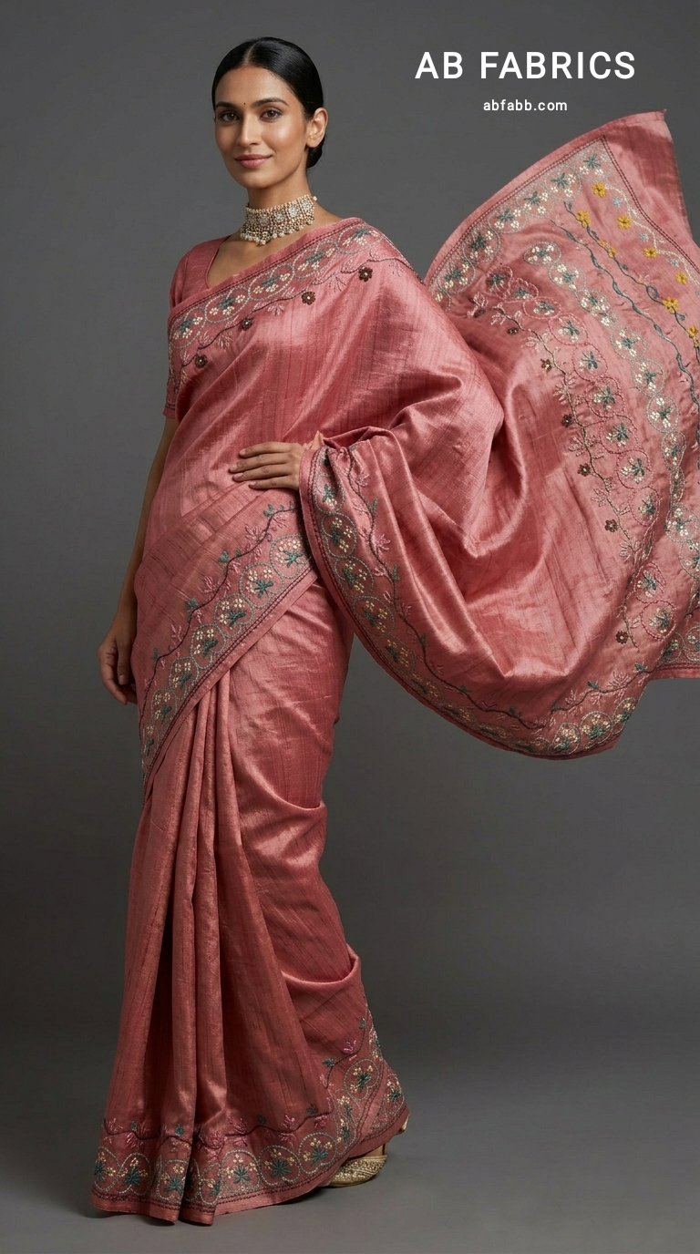 Rosewood Pure Tussar Silk Saree with Handcrafted Kantha Stitched