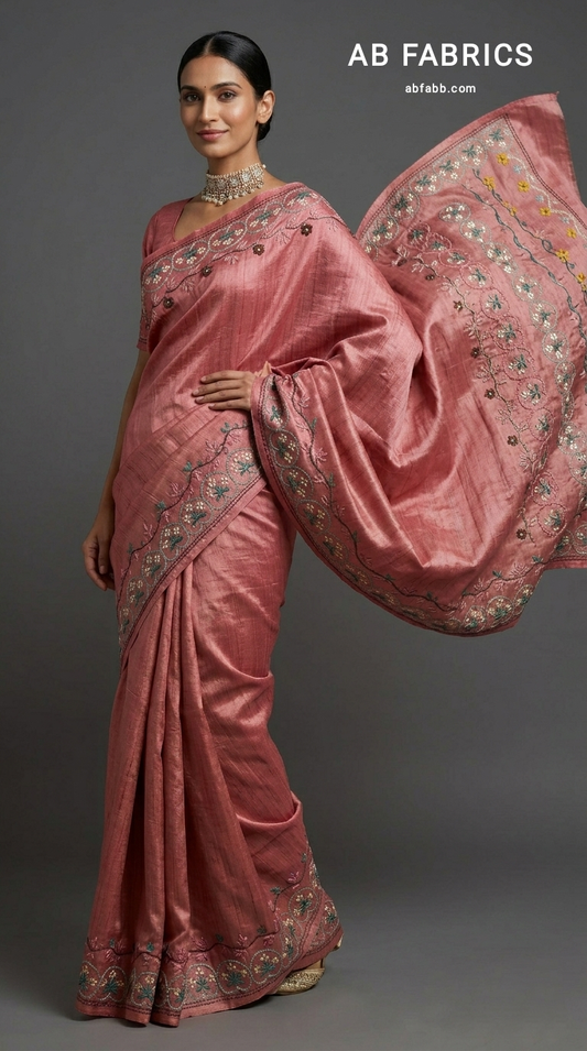 Rosewood Pure Tussar Silk Saree with Handcrafted Kantha Stitched