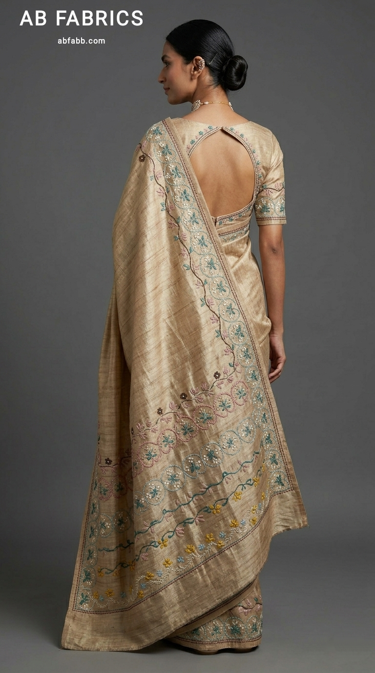 Golden Beige Pure Tussar Silk Saree with Handcrafted Kantha Stitched