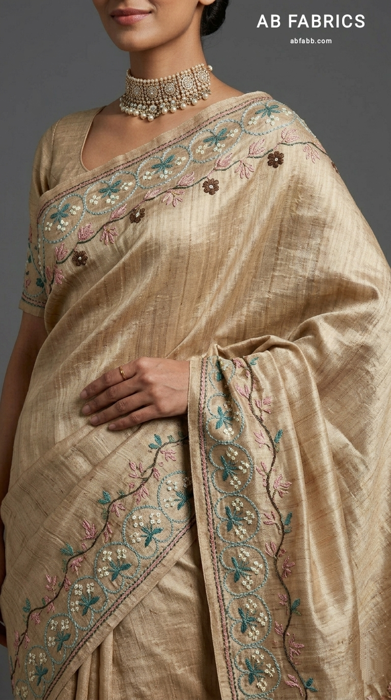 Golden Beige Pure Tussar Silk Saree with Handcrafted Kantha Stitched