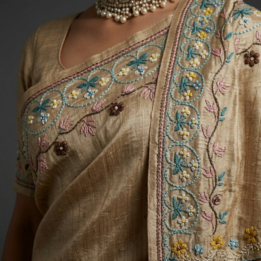 Golden Beige Pure Tussar Silk Saree with Handcrafted Kantha Stitched