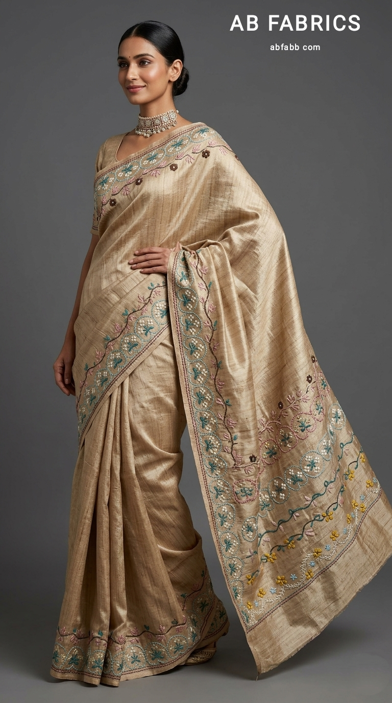 Golden Beige Pure Tussar Silk Saree with Handcrafted Kantha Stitched