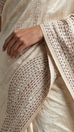 Ivory Pure Tussar Silk Saree with Geometric Kantha Stitched