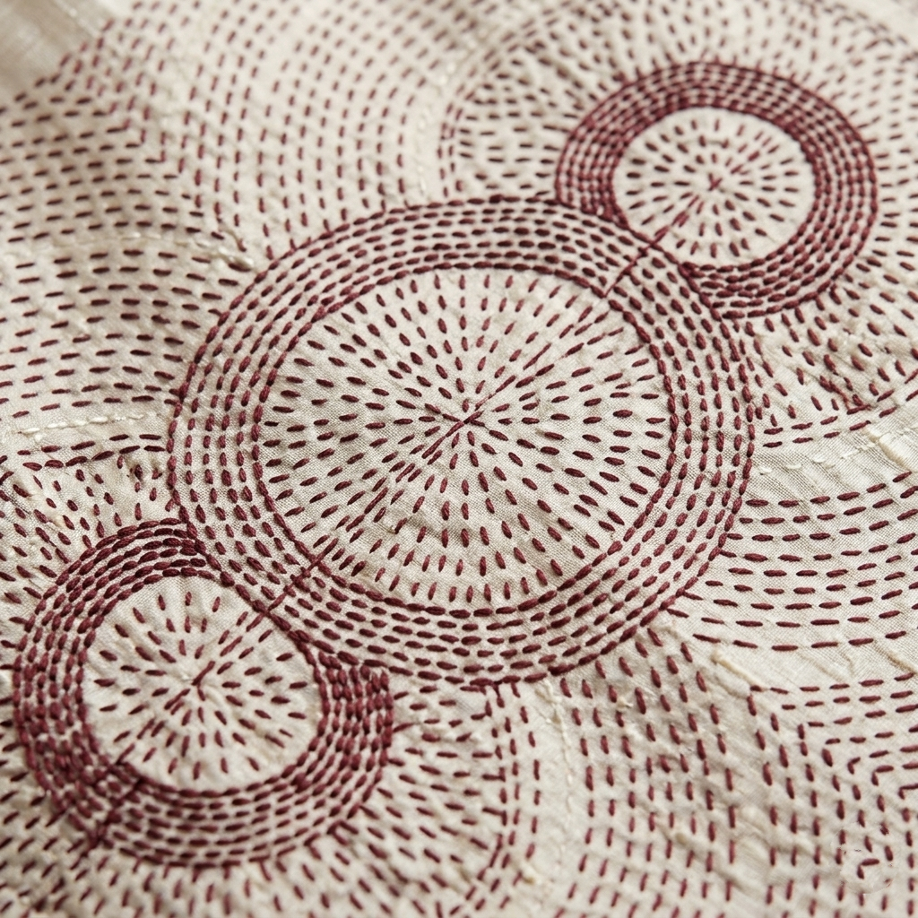Ivory Pure Tussar Silk Saree with Geometric Kantha Stitched