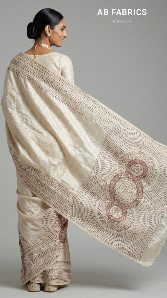 Ivory Pure Tussar Silk Saree with Geometric Kantha Stitched