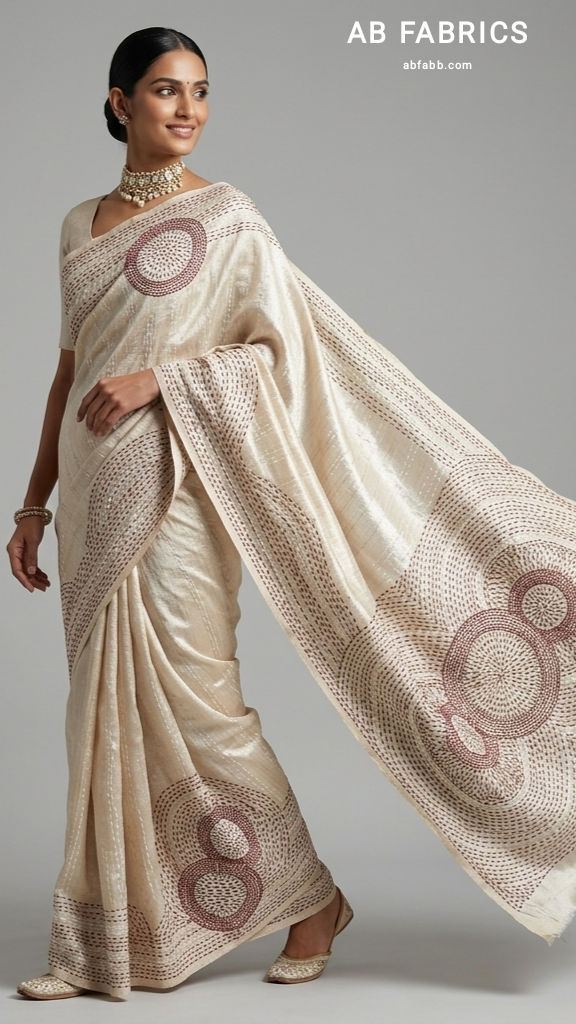 Ivory Pure Tussar Silk Saree with Geometric Kantha Stitched