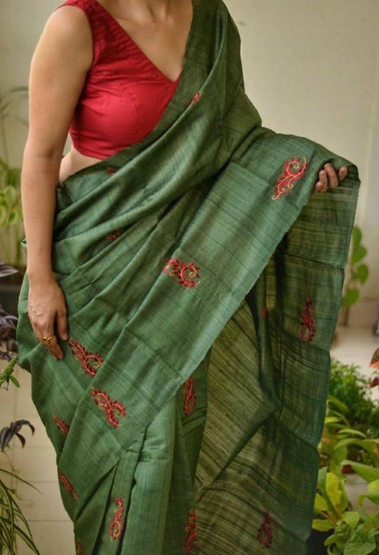 Pure Tussar Silk Saree With Beautiful Embroidery Work Saree TSE78