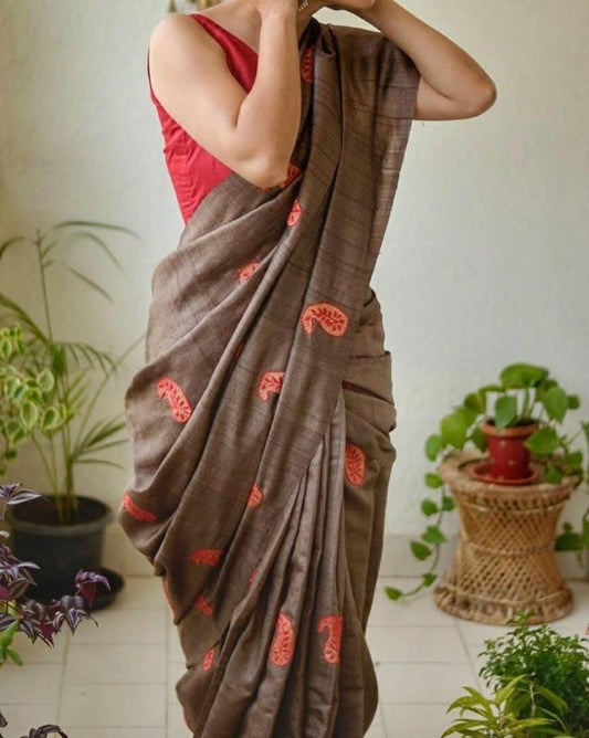 Pure Tussar Silk Saree With Beautiful Embroidery Work Saree TSE83