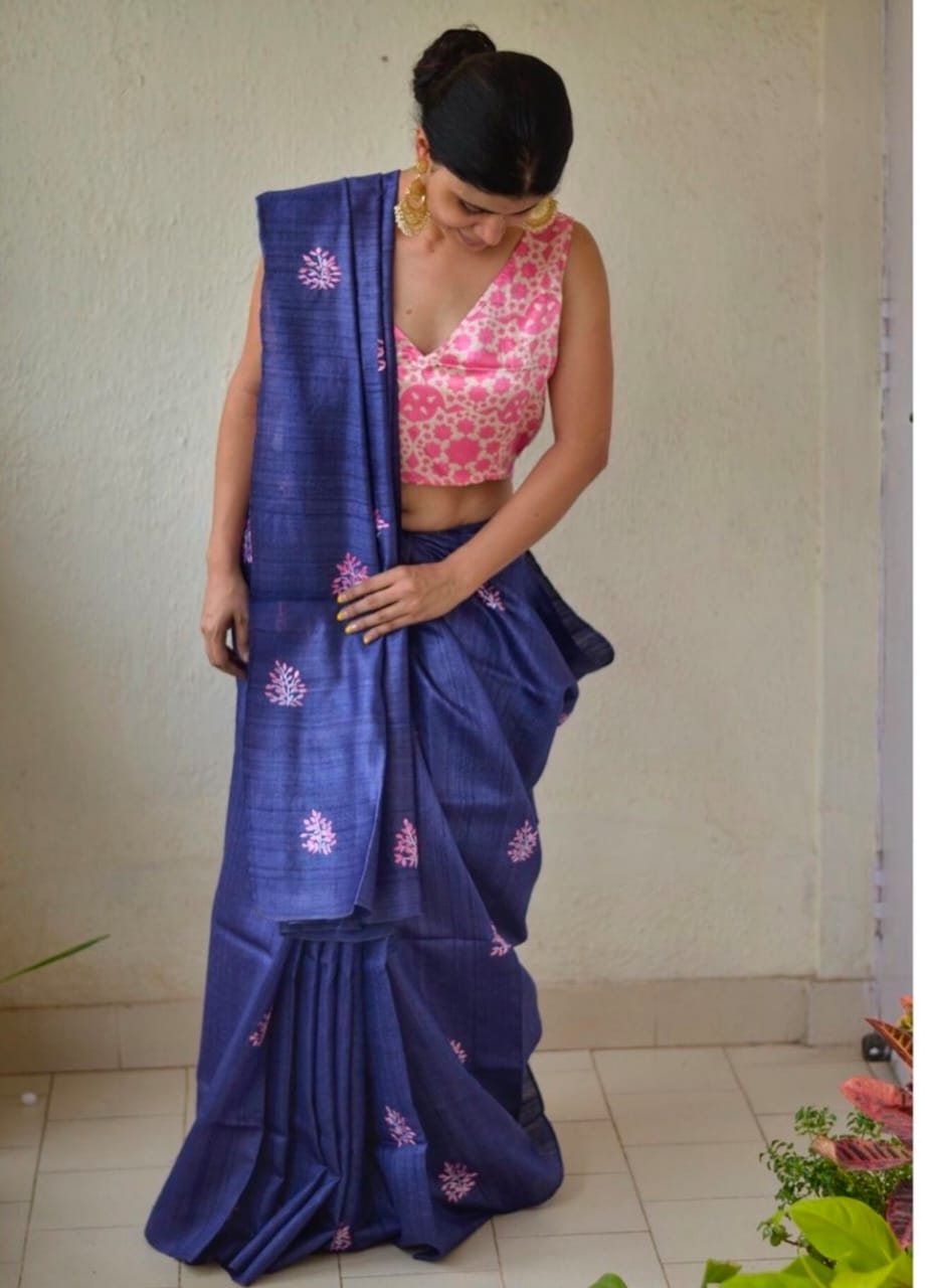 Pure Tussar Silk Saree With Beautiful Embroidery Work Saree TSE92