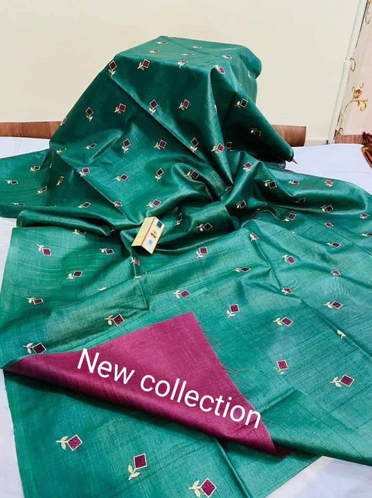 Pure Tussar Silk Saree With Beautiful Embroidery Work TSE02