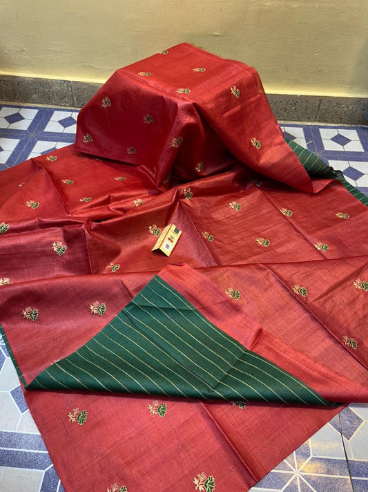 Pure Tussar Silk Saree With Beautiful Embroidery Work TSE06