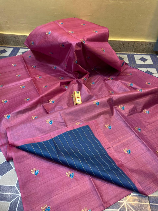 Pure Tussar Silk Saree With Beautiful Embroidery Work TSE07