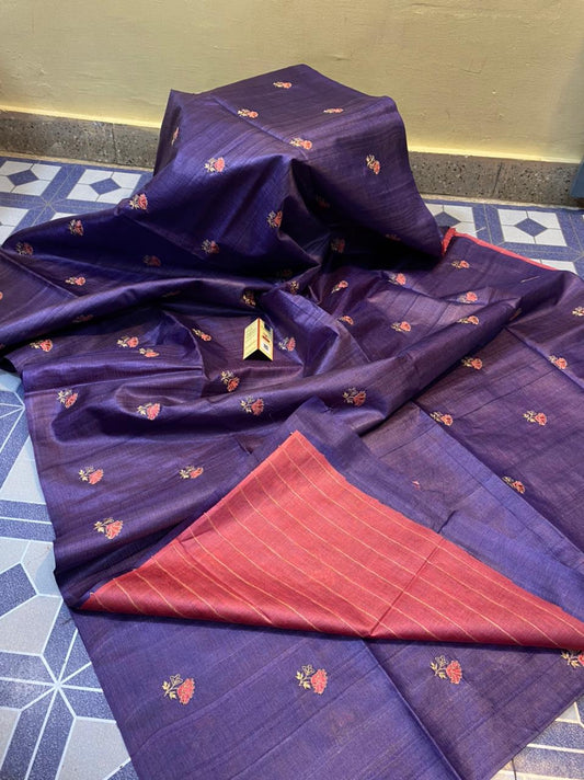 Pure Tussar Silk Saree With Beautiful Embroidery Work TSE08
