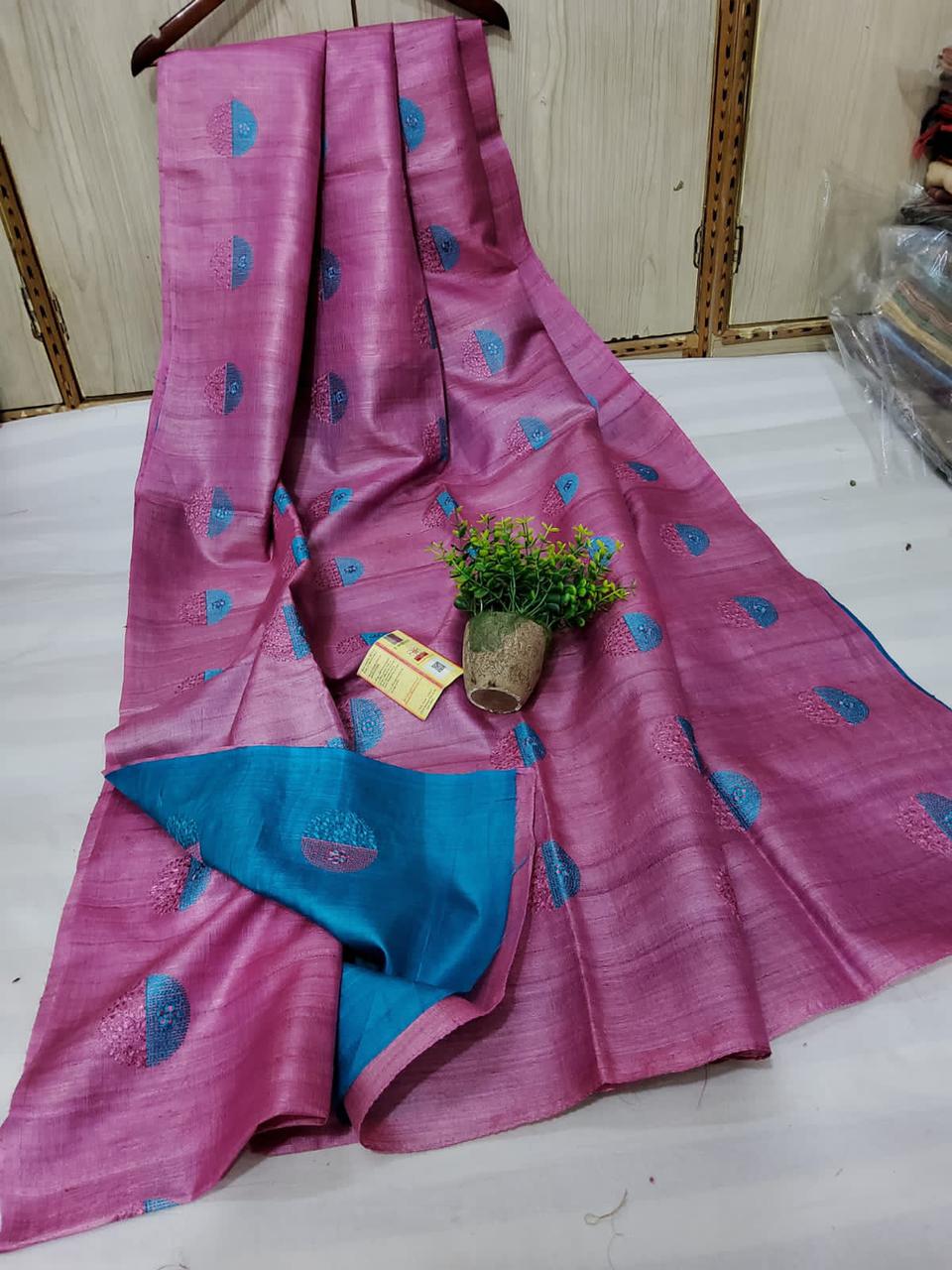 Pure Tussar Silk Saree With Beautiful Embroidery Work Saree TSE116