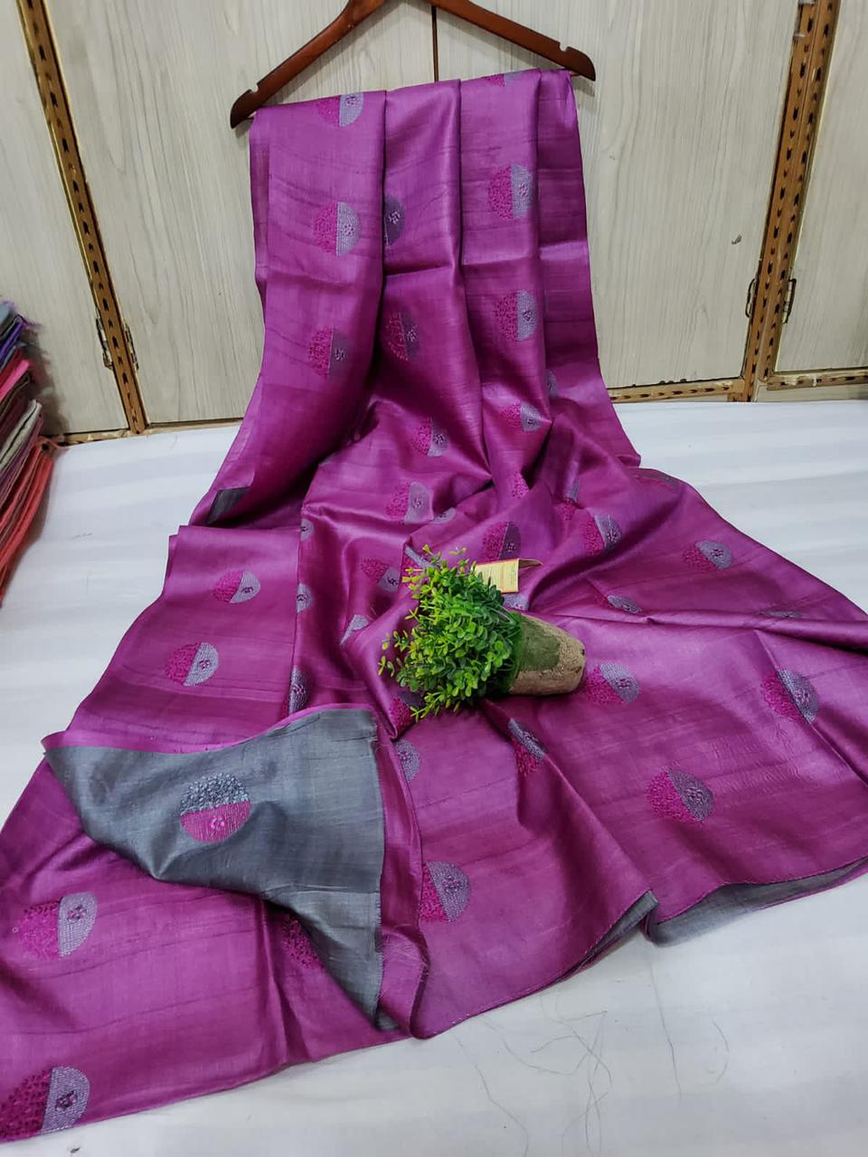Pure Tussar Silk Saree With Beautiful Embroidery Work Saree TSE113