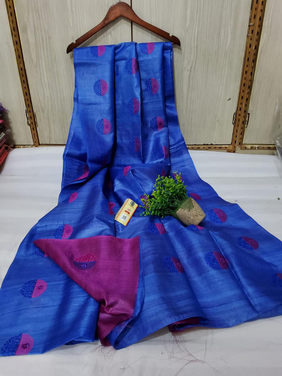 Pure Tussar Silk Saree With Beautiful Embroidery Work Saree TSE111