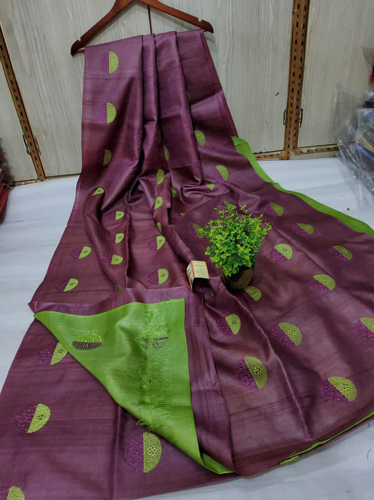 Pure Tussar Silk Saree With Beautiful Embroidery Work Saree TSE114