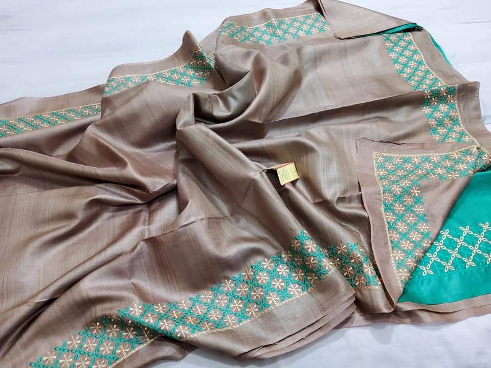 Pure Tussar Silk Saree With Beautiful Embroidery Work Saree TSE42