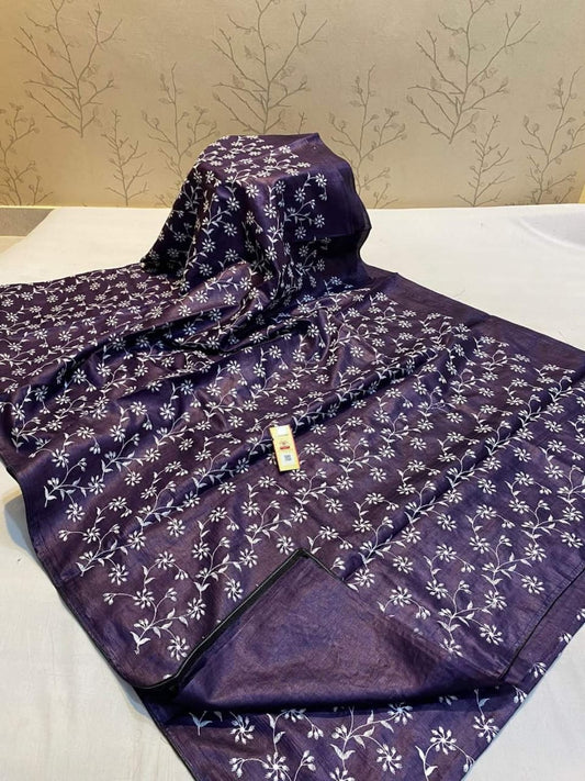 Pure Tussar Silk Saree With Beautiful Embroidery Work Saree TSE38