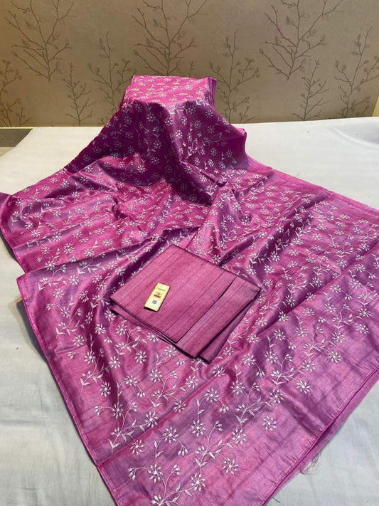 Pure Tussar Silk Saree With Beautiful Embroidery Work Saree TSE37