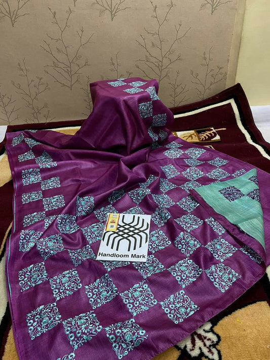 Pure Tussar Silk Saree With Beautiful Embroidery Work TSE35
