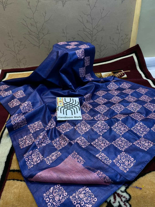 Pure Tussar Silk Saree With Beautiful Embroidery Work TSE34