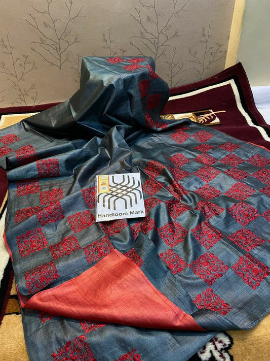 Pure Tussar Silk Saree With Beautiful Embroidery Work TSE31
