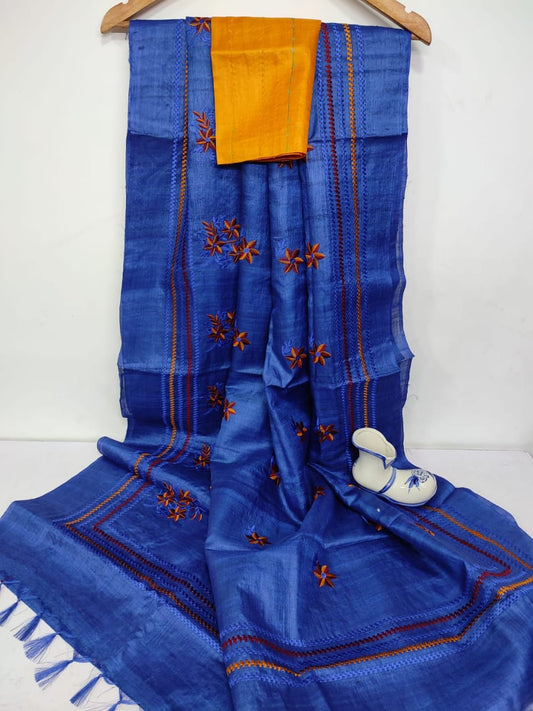 Pure Tussar Silk Saree With Beautiful Embroidery Work Saree TSE99
