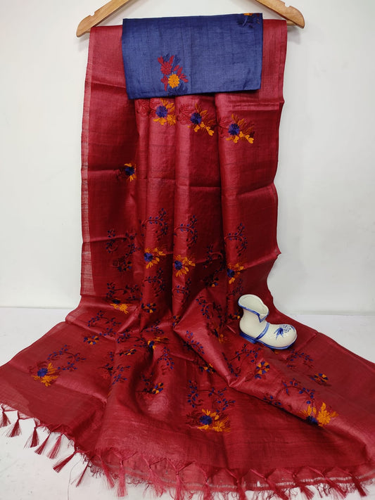 Pure Tussar Silk Saree With Beautiful Embroidery Work Saree TSE103