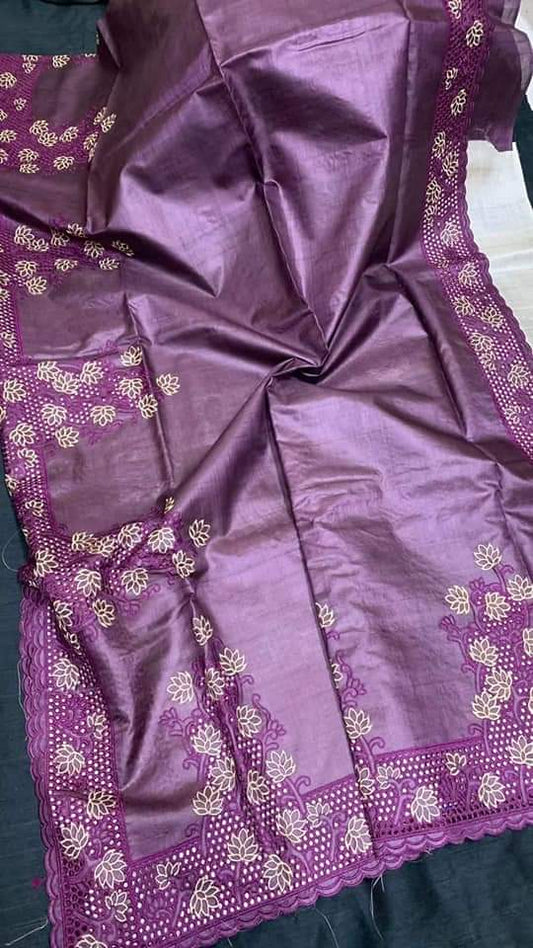 Pure Tussar Silk Saree With Beautiful Cutwork Saee BTS07