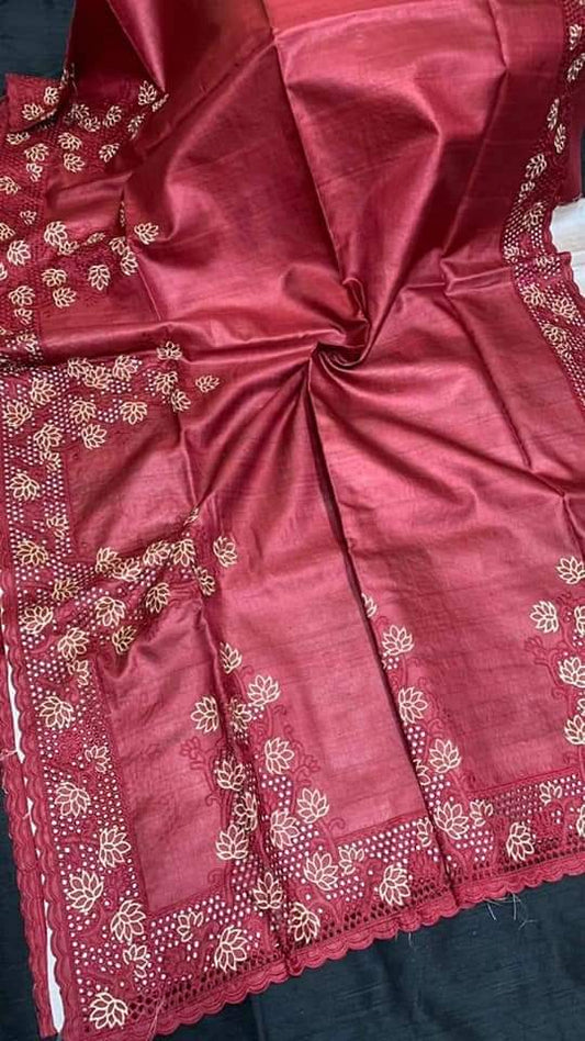 Pure Tussar Silk Saree With Beautiful Cutwork Saee BTS08