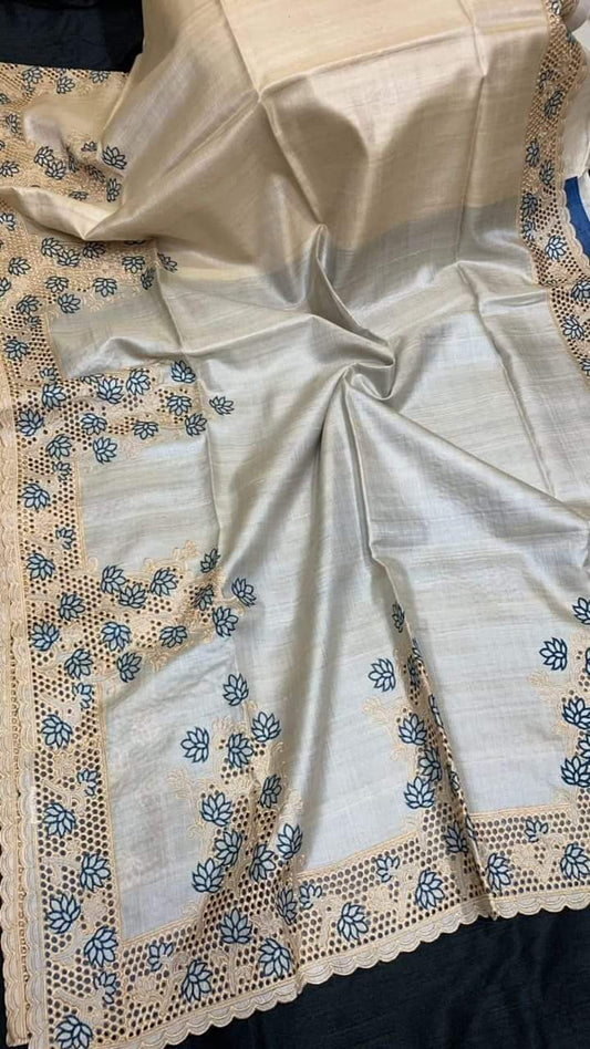 Pure Tussar Silk Saree With Beautiful Cutwork Saee BTS10