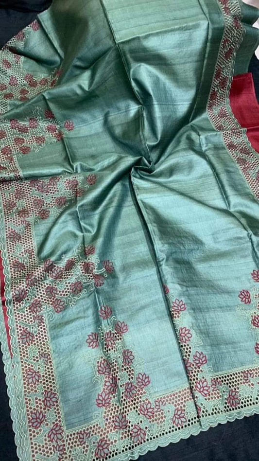 Pure Tussar Silk Saree With Beautiful Cutwork Saee BTS11