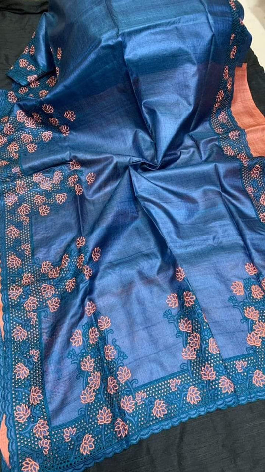 Pure Tussar Silk Saree With Beautiful Cutwork Saee BTS12