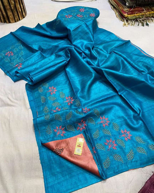 Pure Tussar Silk Saree With Beautiful Cutwork Saee BTS13