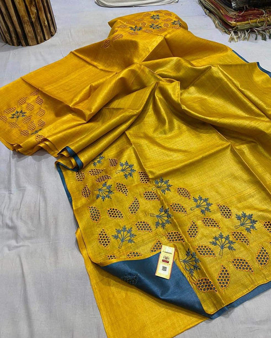 Pure Tussar Silk Saree With Beautiful Cutwork Saee BTS14