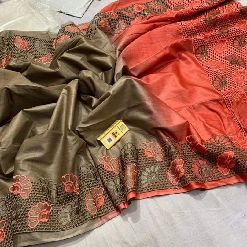 Pure Tussar Silk Saree With Beautiful Cutwork Saee BTS26
