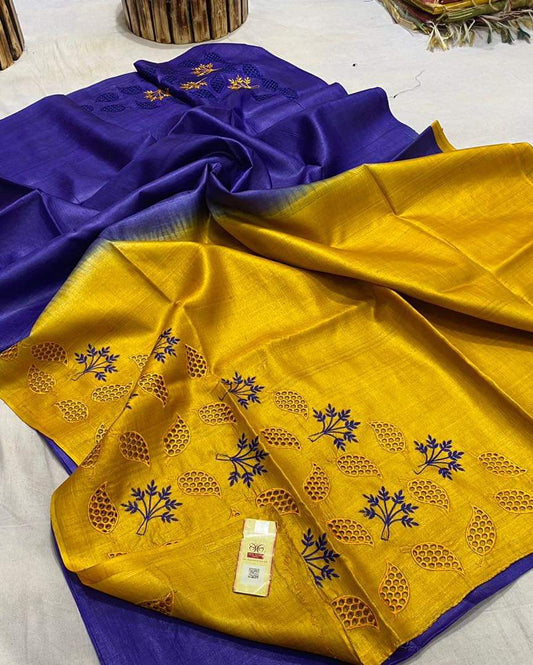 Pure Tussar Silk Saree With Beautiful Cutwork Saee BTS15