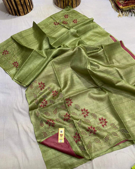 Pure Tussar Silk Saree With Beautiful Cutwork Saee BTS17