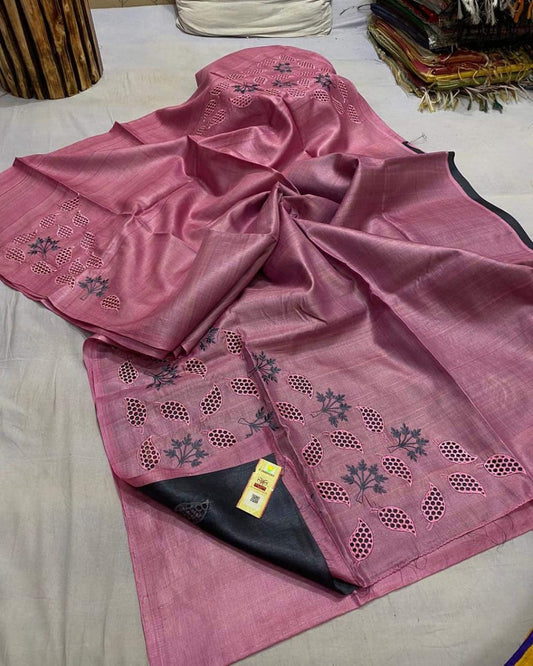 Pure Tussar Silk Saree With Beautiful Cutwork Saee BTS18