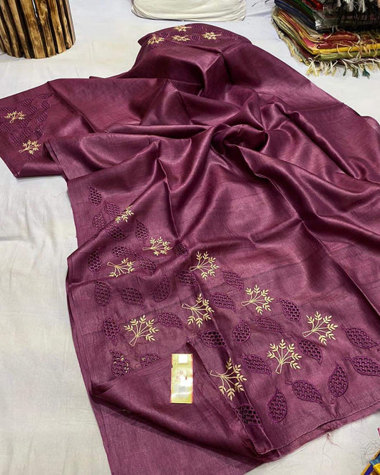 Pure Tussar Silk Saree With Beautiful Cutwork Saee BTS19