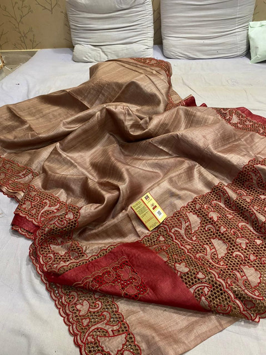 Pure Tussar Silk Saree With Beautiful Cutwork Saee BTS28
