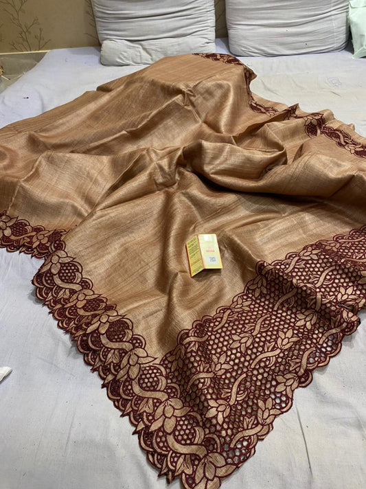 Pure Tussar Silk Saree With Beautiful Cutwork Saee BTS29