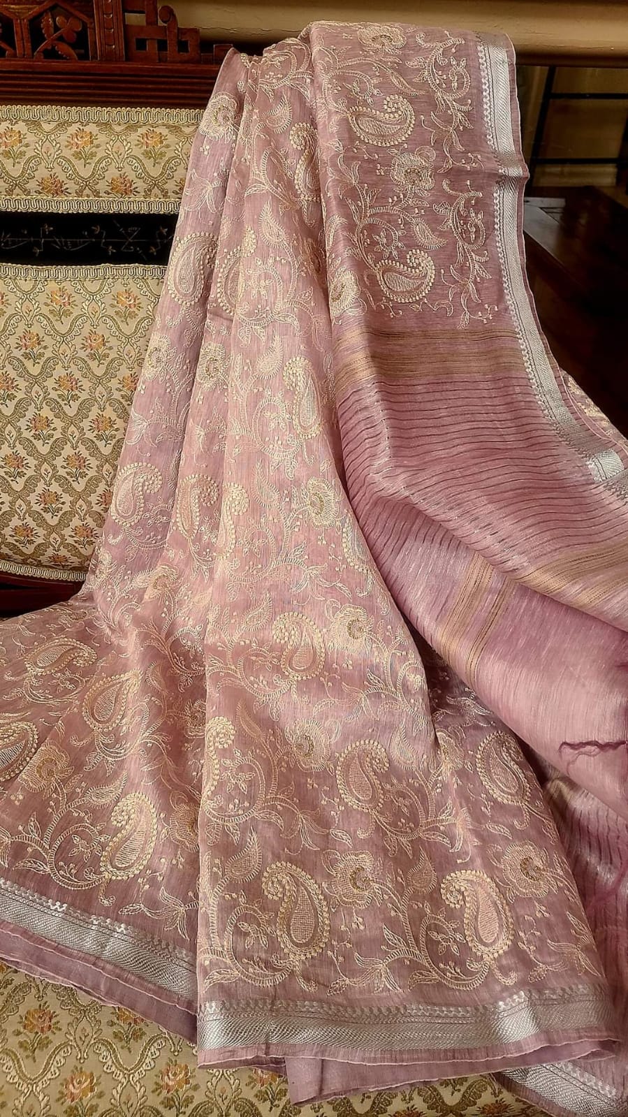 Pure Silk Linen Saree With Beautiful Embroidery Work Saree SLS43