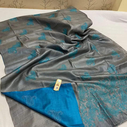 Pure Tussar Silk Saree With Beautiful Embroidery Work Saree TSE105