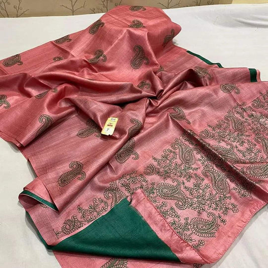 Pure Tussar Silk Saree With Beautiful Embroidery Work Saree TSE106