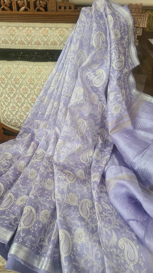 Pure Silk Linen Saree With Beautiful Embroidery Work Saree SLS46