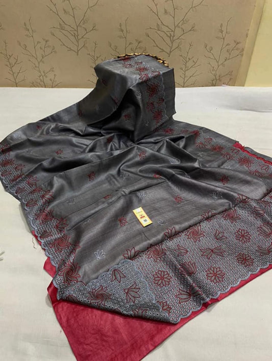 Pure Tussar Silk Saree With Beautiful Cutwork Saee BTS31