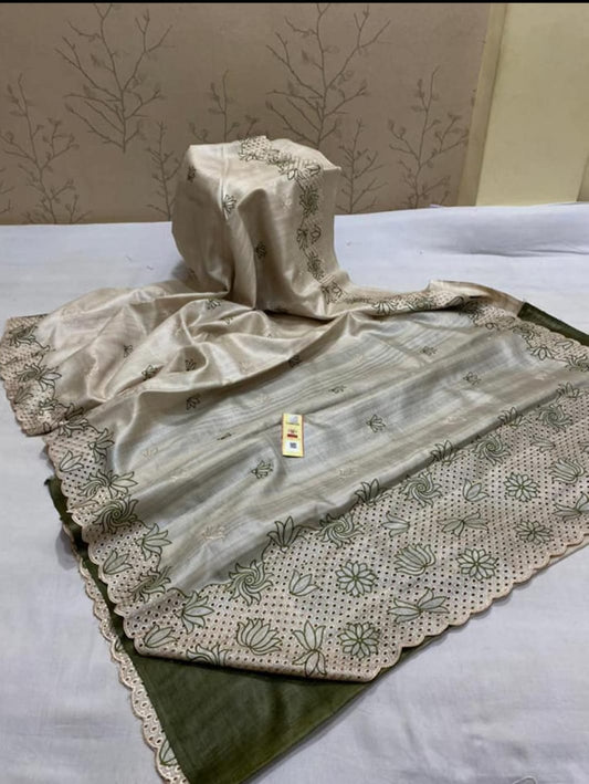 Pure Tussar Silk Saree With Beautiful Cutwork Saee BTS32