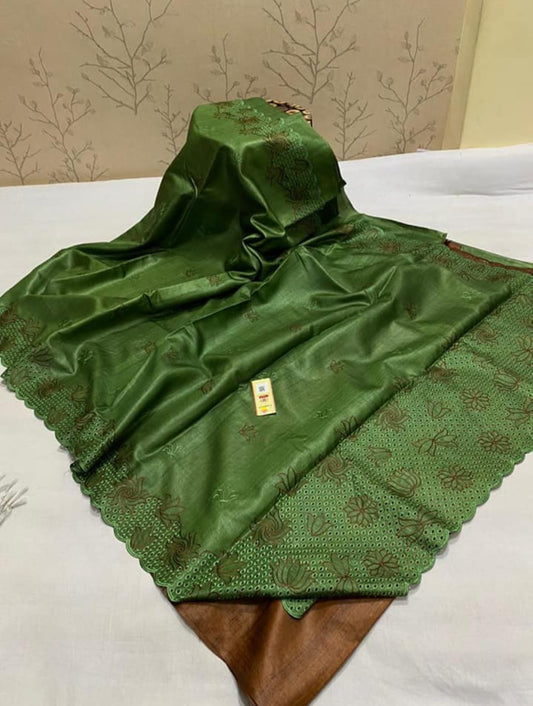 Pure Tussar Silk Saree With Beautiful Cutwork Saee BTS33